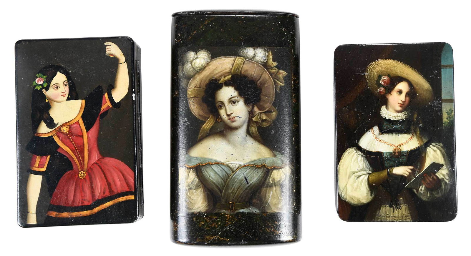 Three Decorative Boxes: Continental/British, 19th century, each with painted portrait bust of ladies, two wood and one tin, one with lettering to interior lid "Roschen", 3-3/4 x 2-3/8 in. to 5 x 2-3/4 in. Provenance: Private