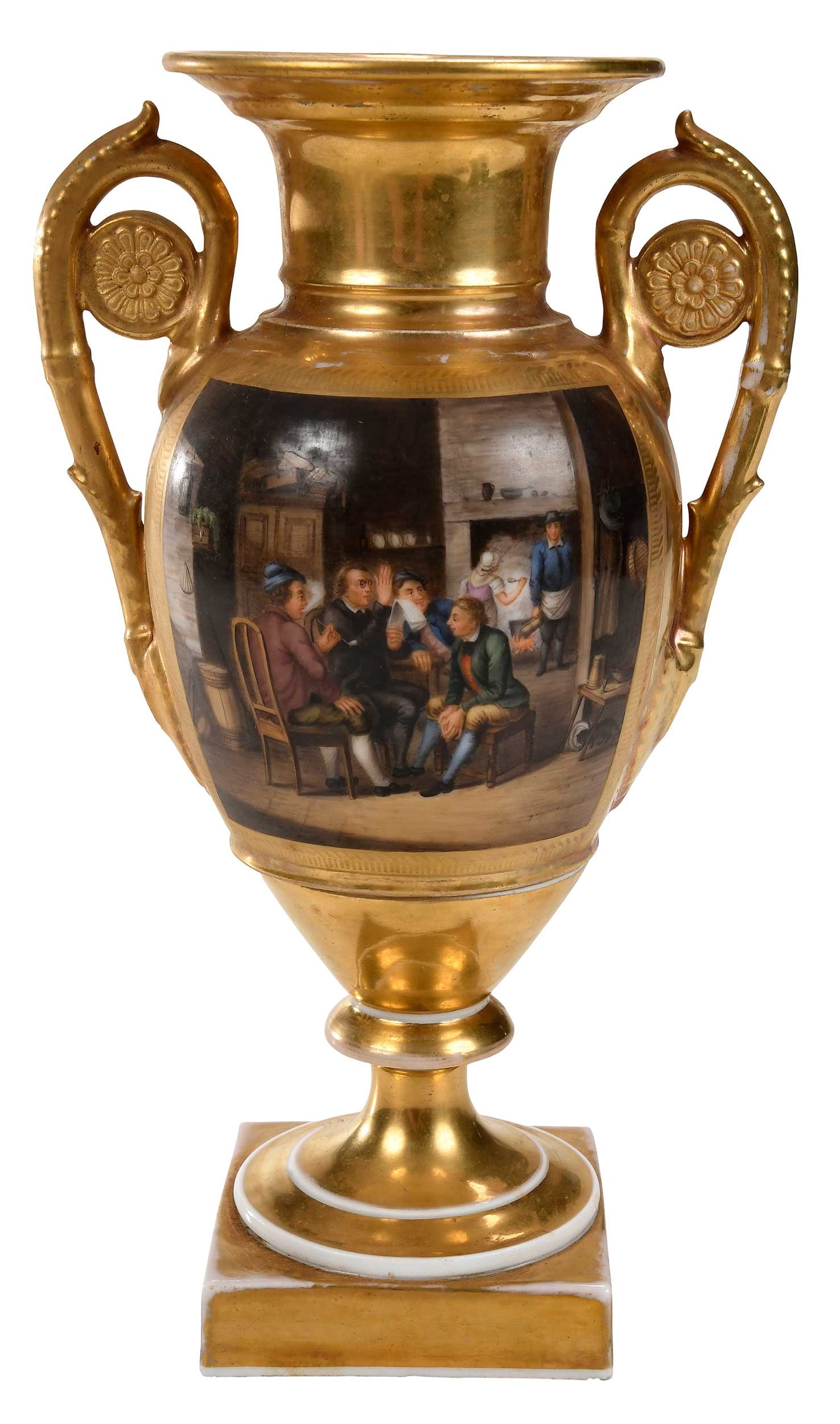 Old Paris Porcelain Gilt Decorated and Painted Porcelain Urn: French, 19th century, amphora form with scrolled side handles, gilt ground with central hand painted genre scene, on square plinth, 12 x 7 x 4-1/4 in. Provenance: Collection of a Southern Gentleman