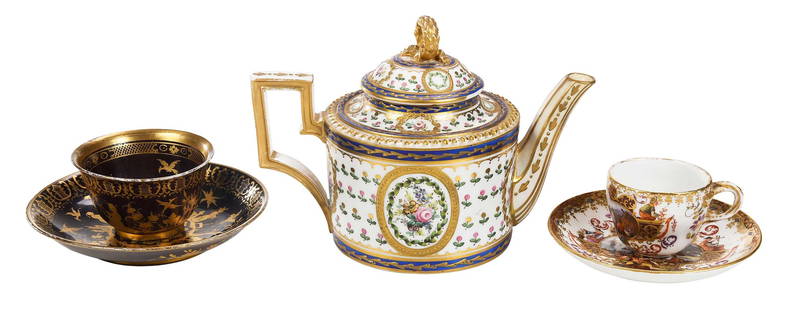 Continental Porcelain Teapot and Two Tea Cups with Saucers, Sevres and Meissen: 18th/19th century, comprising: Sevres tea pot, in enamel and gilt decoration featuring floral sprays, lid in matching design with wreath finial, base marked with interlacing L's and "B/A", 5-1/8 x 7-1