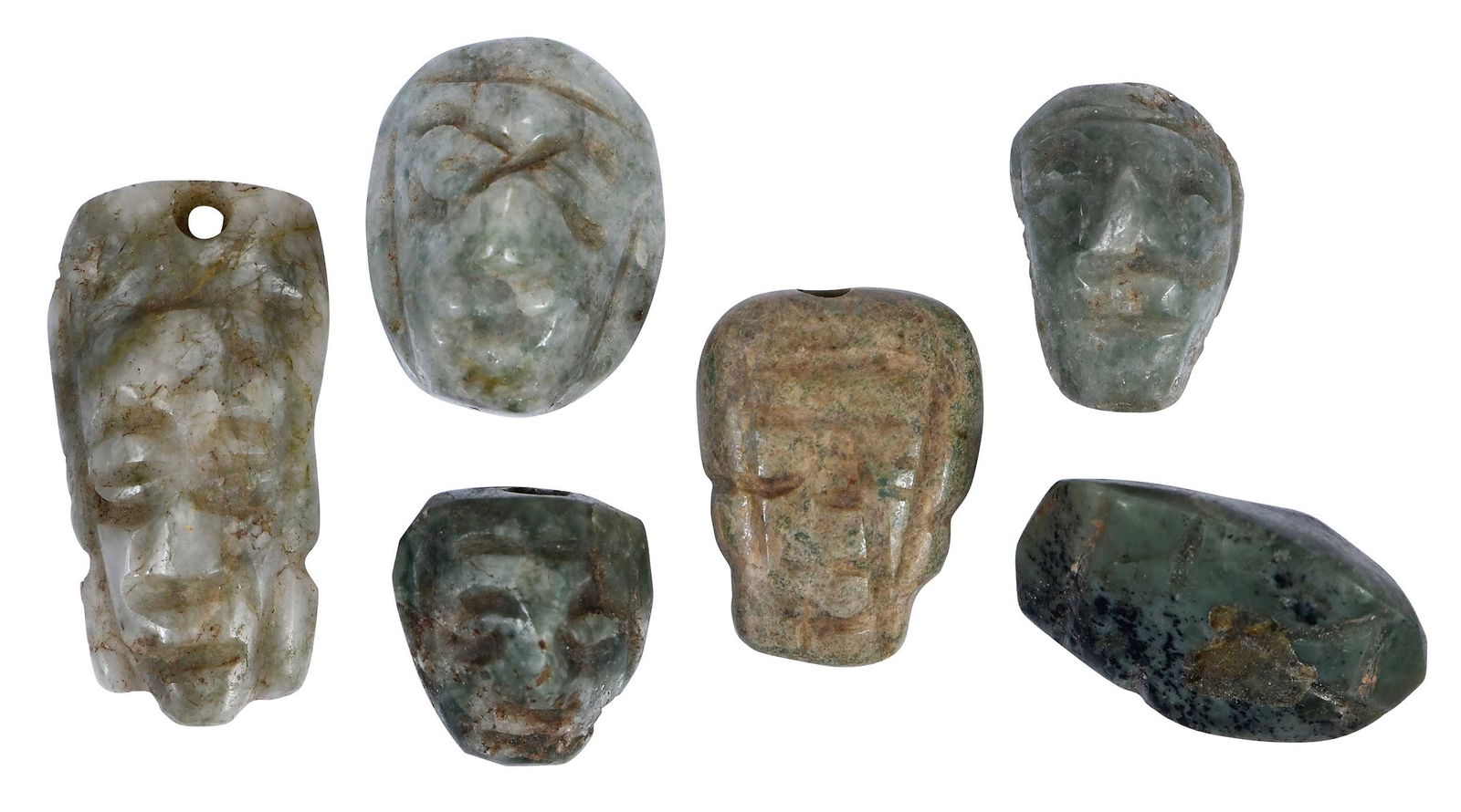 Six Small Mesoamerican Carved Jade Mask Pendants (1 of 20)