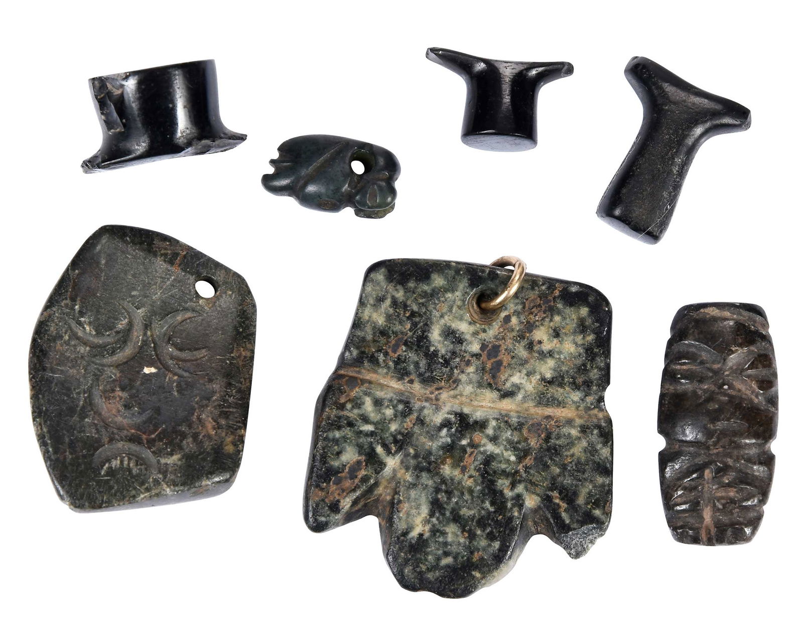 Four Mesoamerican Carved Jade Pendants and Three Obsidian Labret Plugs (1 of 20)