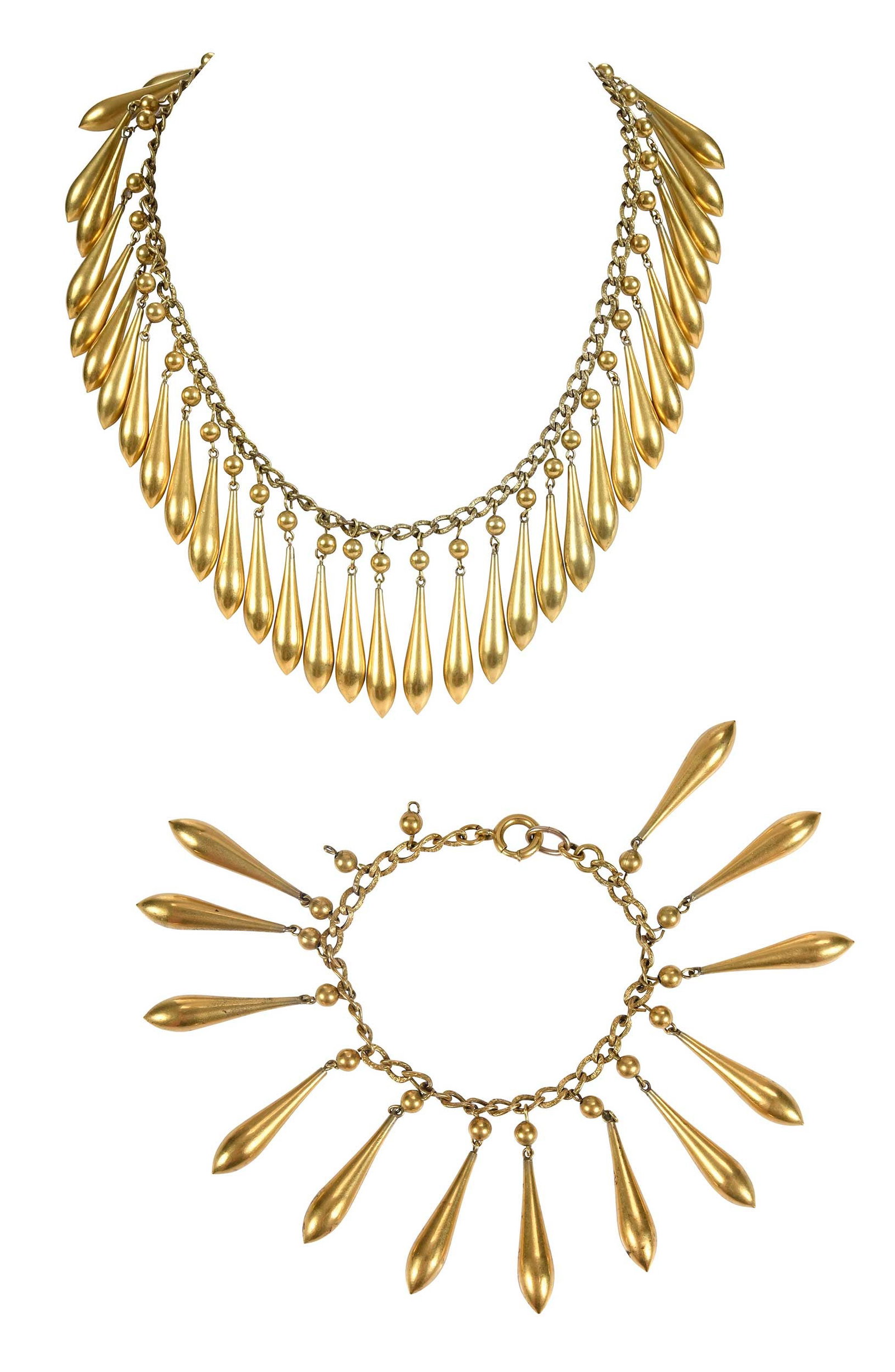 Brass Drop Design Necklace and Bracelet: 39 brass elongated drops, approx. 1-1/2 in. length, necklace 14-1/2 in. length, spring ring clasp, 79.5 grams; 13 brass elongated drops, approx. 1-1/2 in. length, bracelet 7 in. length, spring ring cl