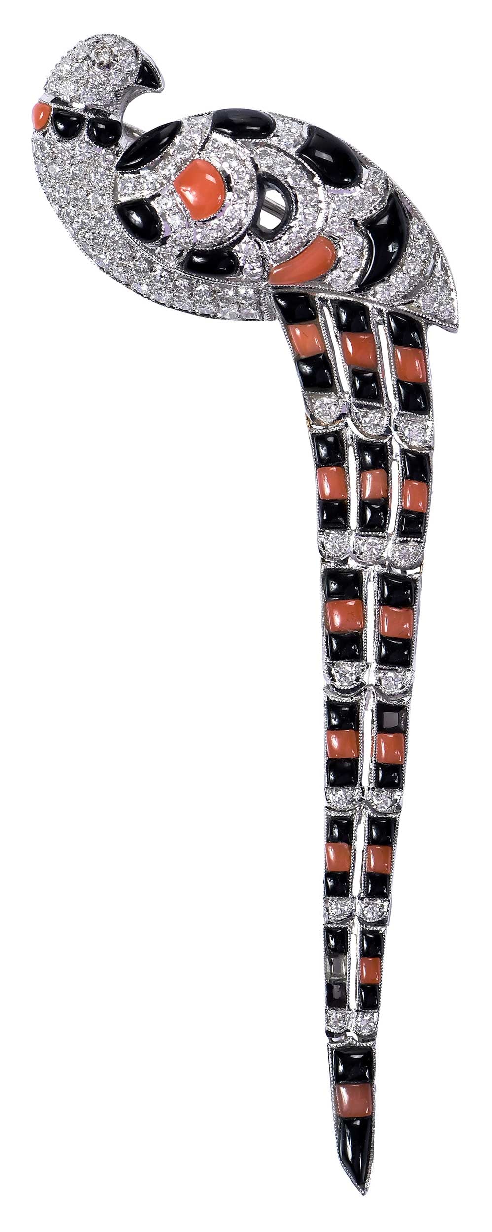 14kt. Onyx, Coral, and Diamond Brooch (1 of 6)