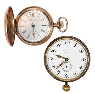 Tiffany & Co. 8 Day Travel Alarm Clock, and 14kt. Waltham Pocket Watch: 8 day movement, secondary alarm time hands, white dial, marked Tiffany & Co. 8 DAYS, back cover stamped "134595 ANGELUS WATCH Co SWISS", alarm stop switch on back, with original Tiffany & Co travel po