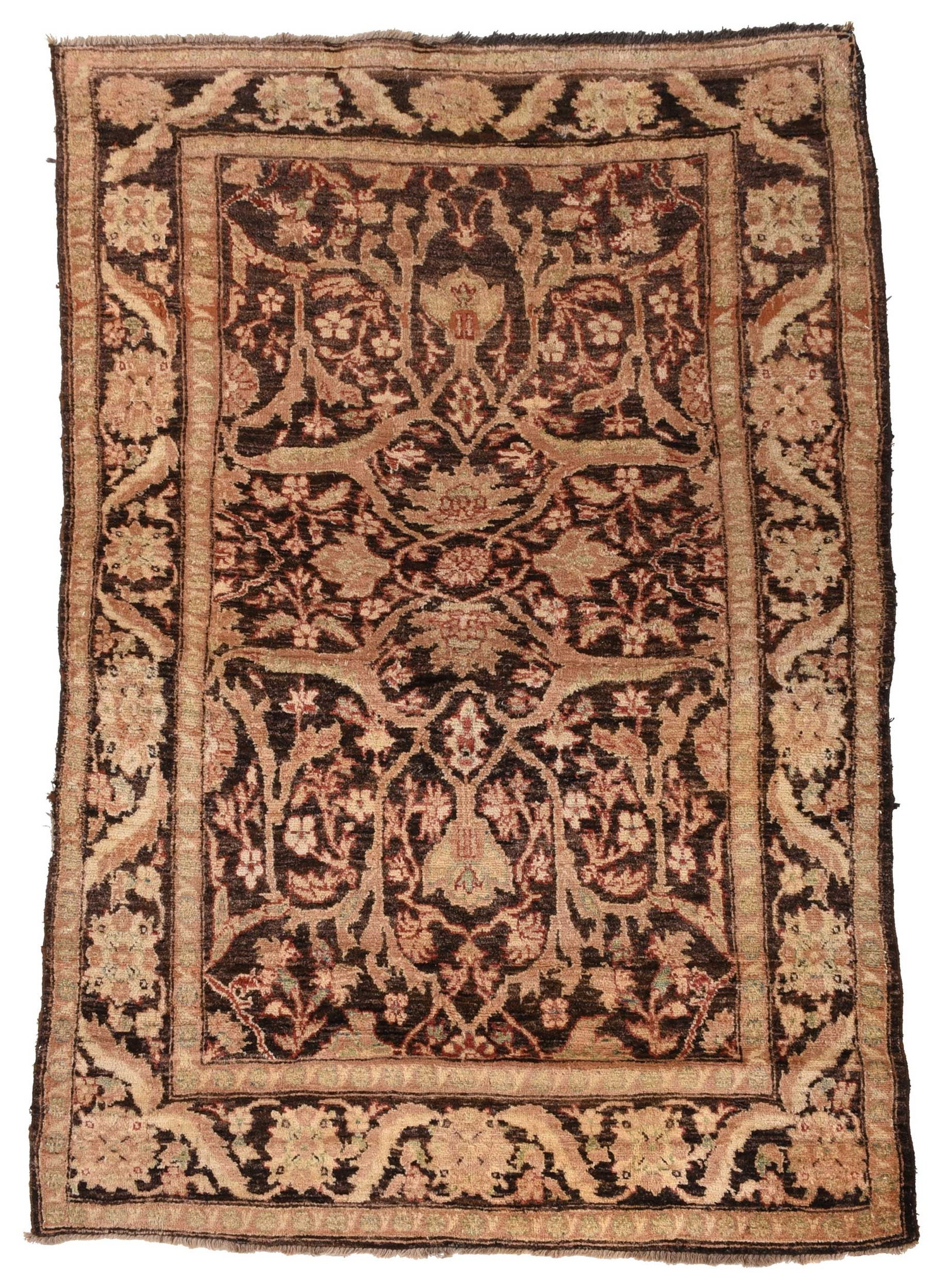 Turkish Rug: 20th century, brown field with leafy florals, brown border with leafy palmettes, 4 ft. 6 in. x 7 ft. Provenance: Private Collection, Brentwood, Tennessee