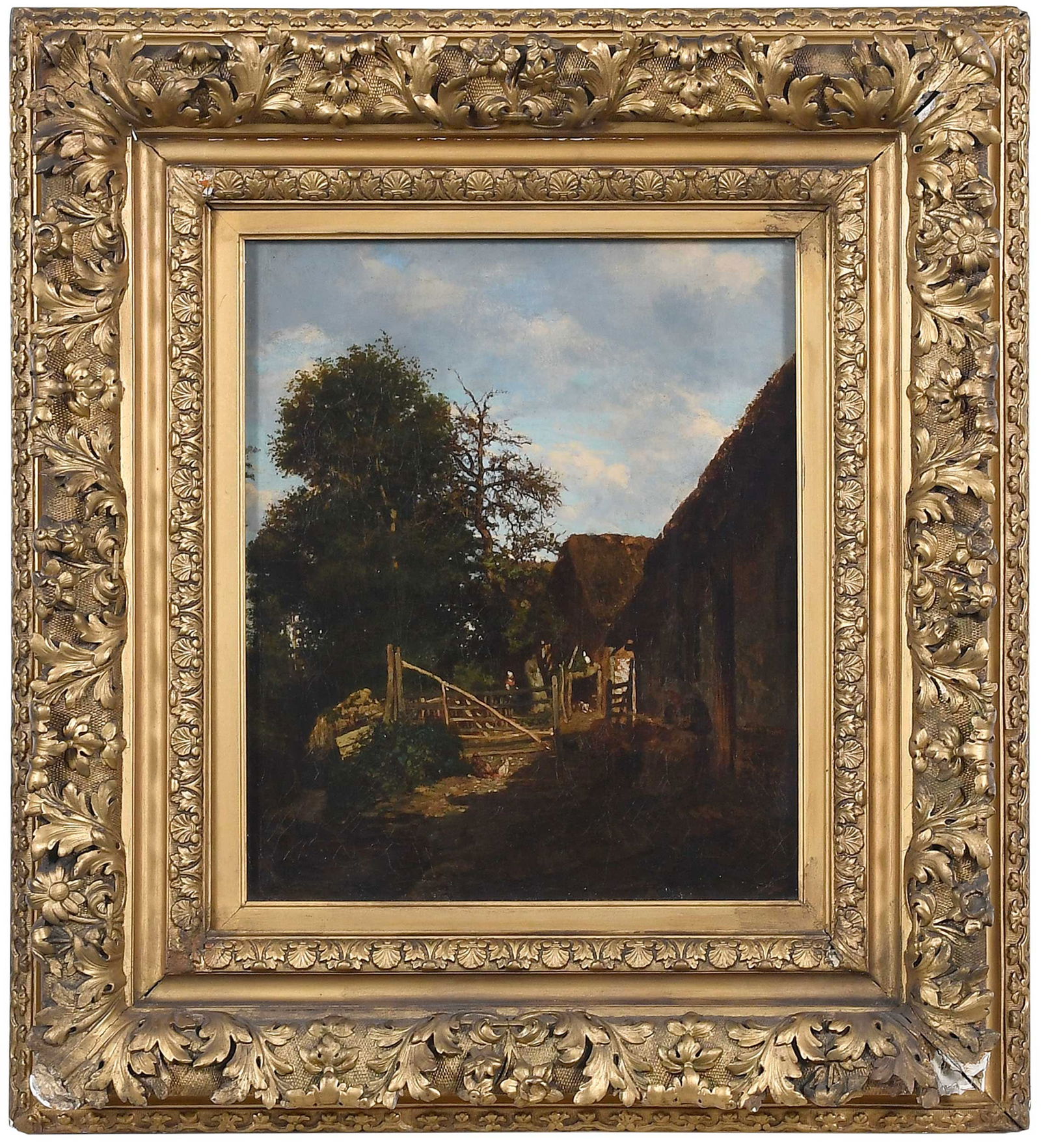Constant Troyon: (French, 1810-1865) Farm Yard, Brittany, signed lower left "C. Troyon", numbered verso canvas, "719", oil on canvas, 18-5/8 x 15-5/8 in.; gilt wood and composition frame, 30 x 27-1/4 x 4 in., glazed P