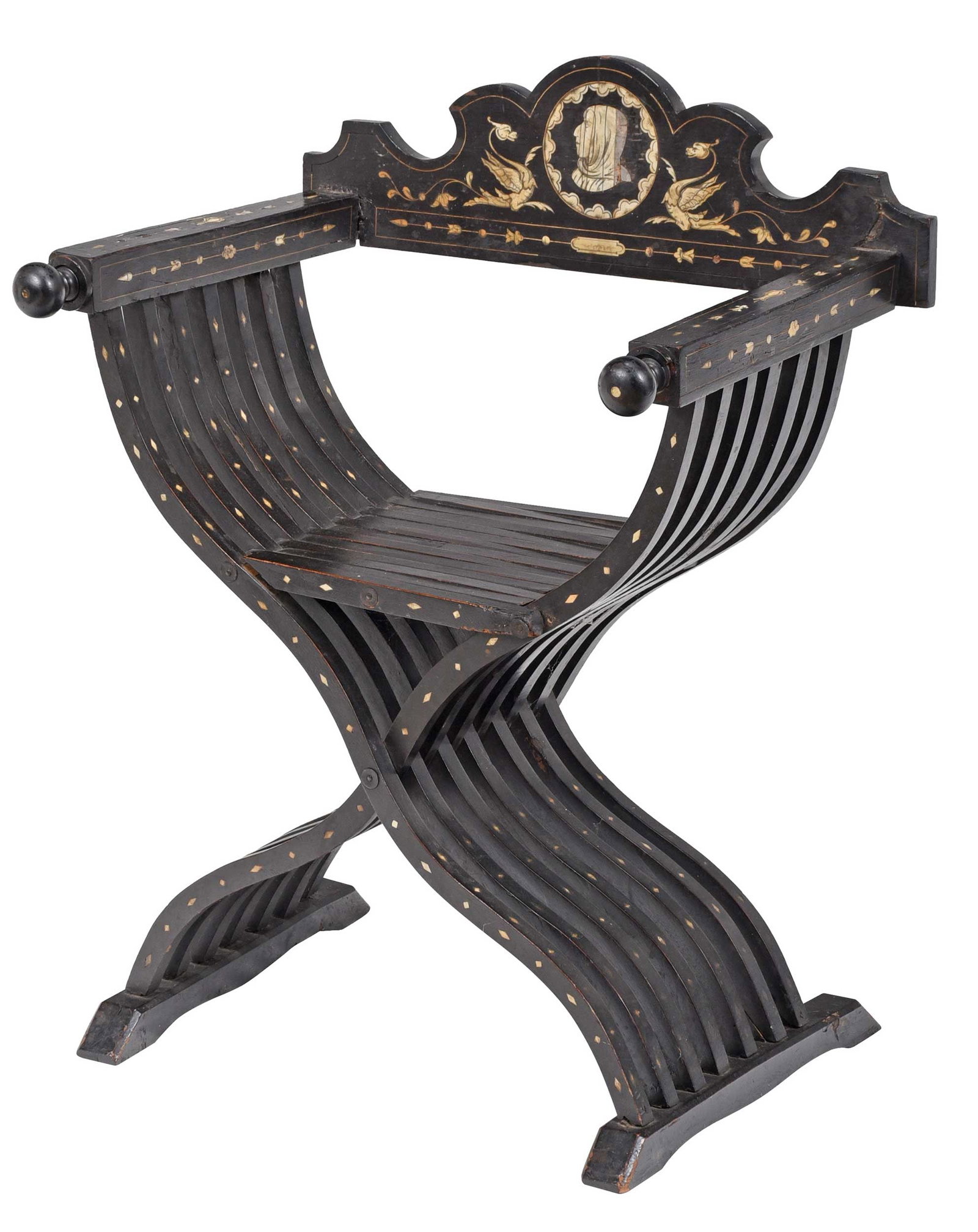 Italian Bone Inlaid and Ebonized Savonarola Chair: likely 18th century, shaped seatback with dragon and nobleman motif inlay, pilaster arms with turned terminals, slatted folding seat and trestle base with foliate and diamond inlay throughout, 33-3/4 