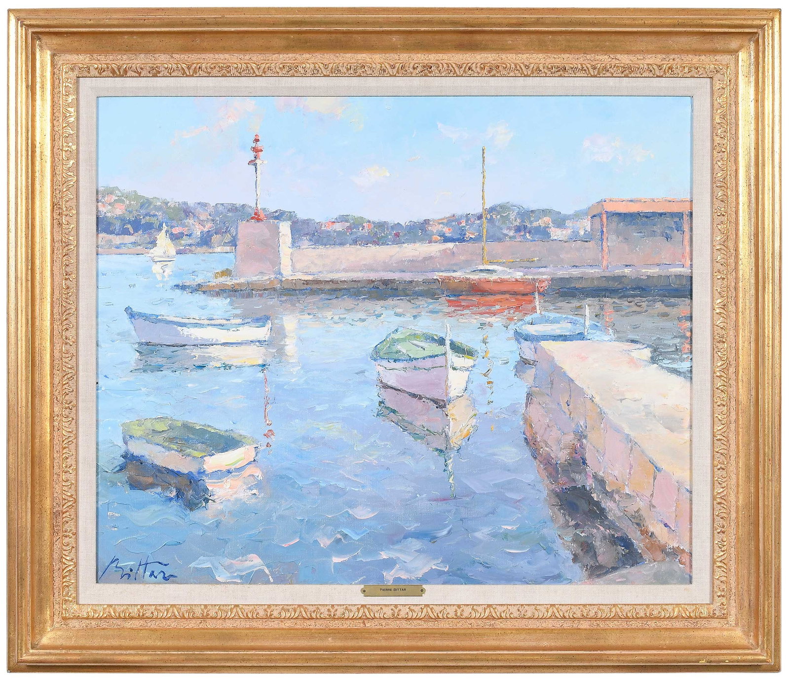 Pierre Bittar: (French, born 1934) Calme au port, signed lower left "Bittar", oil on canvas, 24 x 28-3/4 in.; original gilt wood frame, 31-1/8 x 36-1/4 in. Provenance: Wally Findlay Gallery, New York, New York, purc
