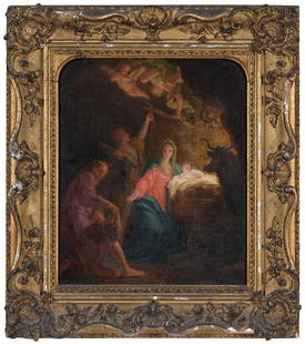 Follower of Giuseppe Cades: (Italian, 1750-1799) The Nativity, unsigned, possibly 18th century, oil on canvas, 16 x 13 in.; gilt wood and composition frame 22-1/4 x 19-5/8 in. Provenance: Alice L. Patrick, Charleston, South Caro