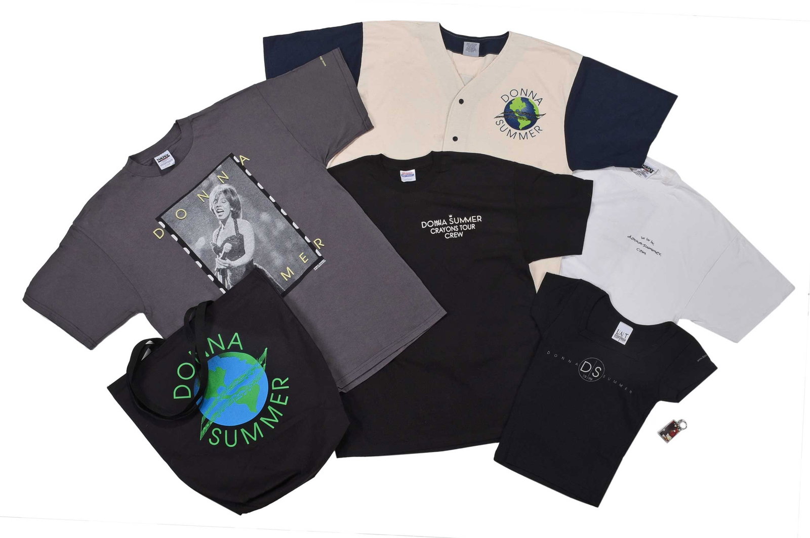 21 Pieces of Assorted Donna Summer Tour Merchandise: comprising: three deadstock Donna Summer globe baseball jerseys, all marked size "XL"; three deadstock gray Donna Summer 1999 tour shirts, all marked size "X-Large"; three deadstock black Donna Summer