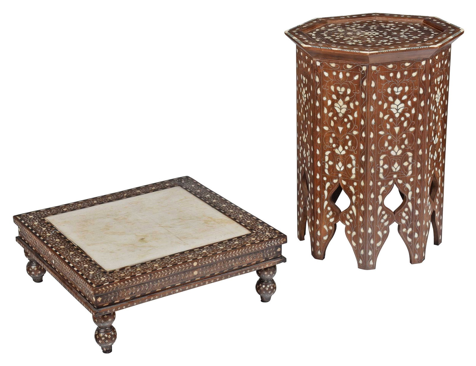 Two Moorish Style Inlaid Hardwood Tables: 20th century, octagonal tabouret table with foliate mother of pearl inlay and pierced base, 27-1/2 x 19-3/4 x 19-3/4 in.; square low table with marble inset top and foliate guilloche bone inlaid borde