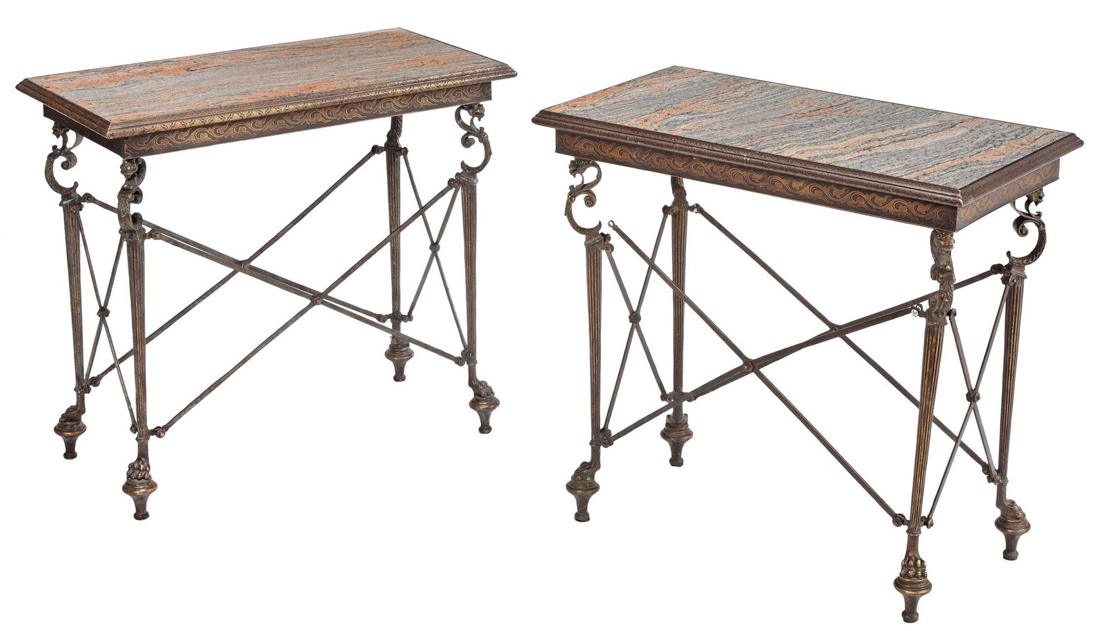 Pair of Empire Style Bronze and Marble Occasional Tables: inset marble top with foliate edge and frieze, scrolled supports surmounted by mythological masks over fluted tapered legs, X stretchers, paw and toupie feet, 31 x 33-1/2 x 17-1/2 in. Provenance: Esta