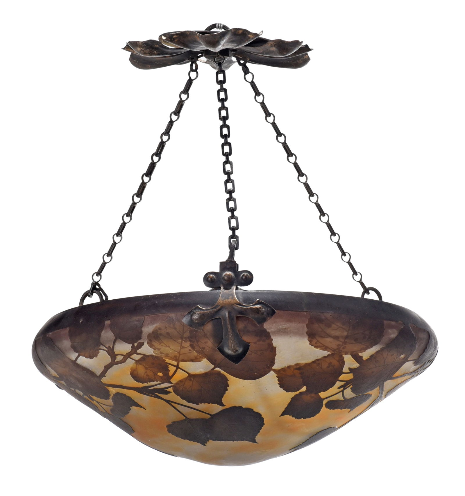 Daum Nancy Autumnal Leaves Plafonnier: early 20th century, signed "Daum Nancy" in cameo, gray glass internally mottled with orange, overlaid with brown and etched with leafy branches, with black patinated metal ceiling rose and hanging cha