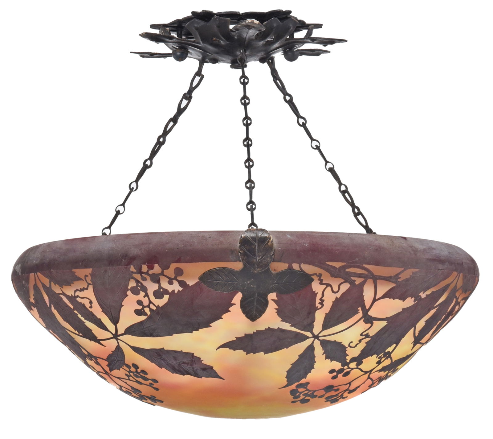 Daum Nancy Vine Cameo Glass Plafonnier: circa 1905, signed "Daum Nancy" in cameo, gray glass internally mottled with yellow and apricot, overlaid with brown and etched with fruiting vines, black patinated metal foliate mounts with fluted be