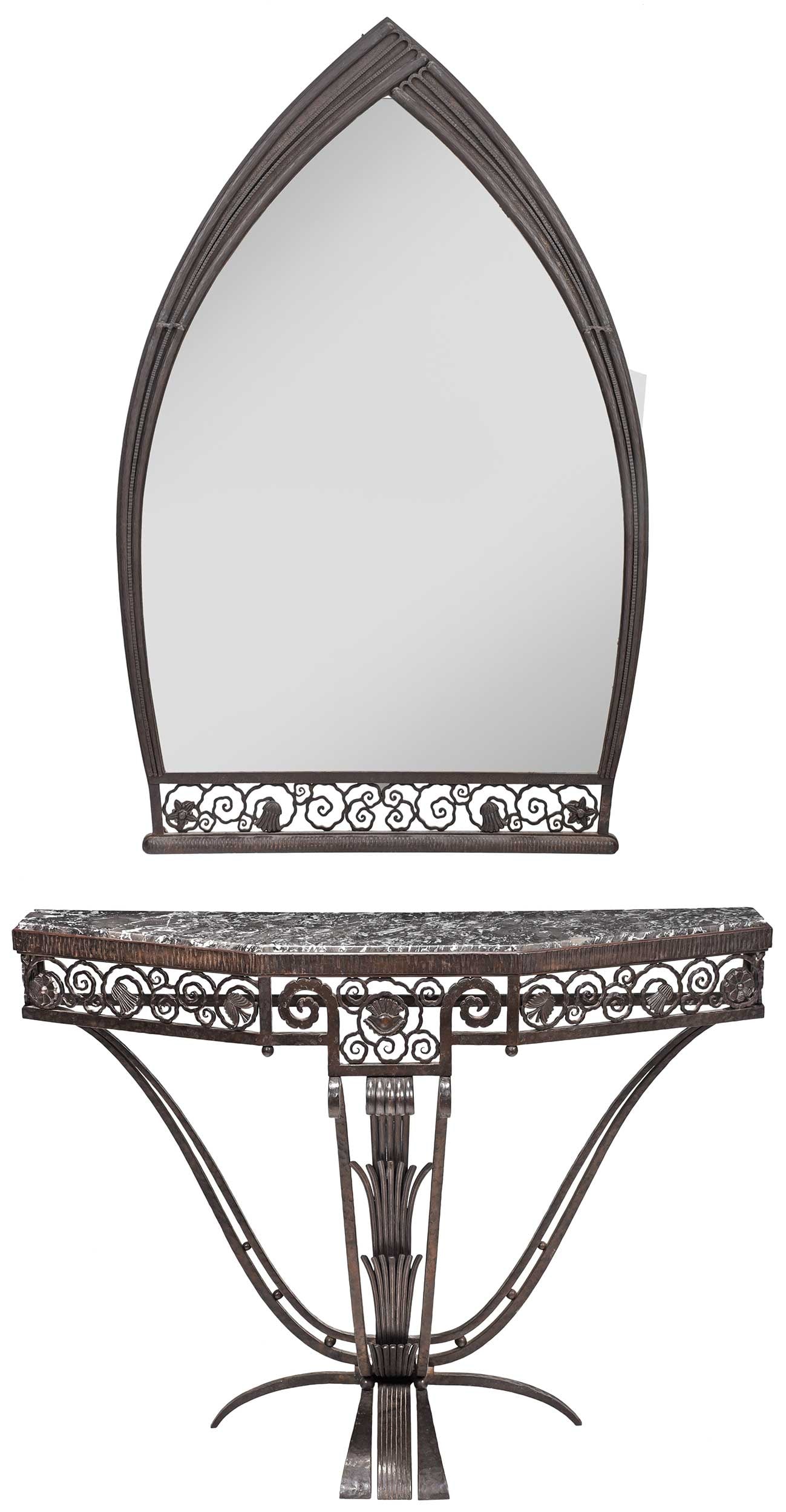 Paul Kiss Art Deco Wrought Iron Console Table and Mirror: circa 1925, pedimented molded mirror surround, beveled mirror plate, scrolled and reticulated base, console with gray variegated marble top, reticulated frieze, scroll and palm frond center support, s