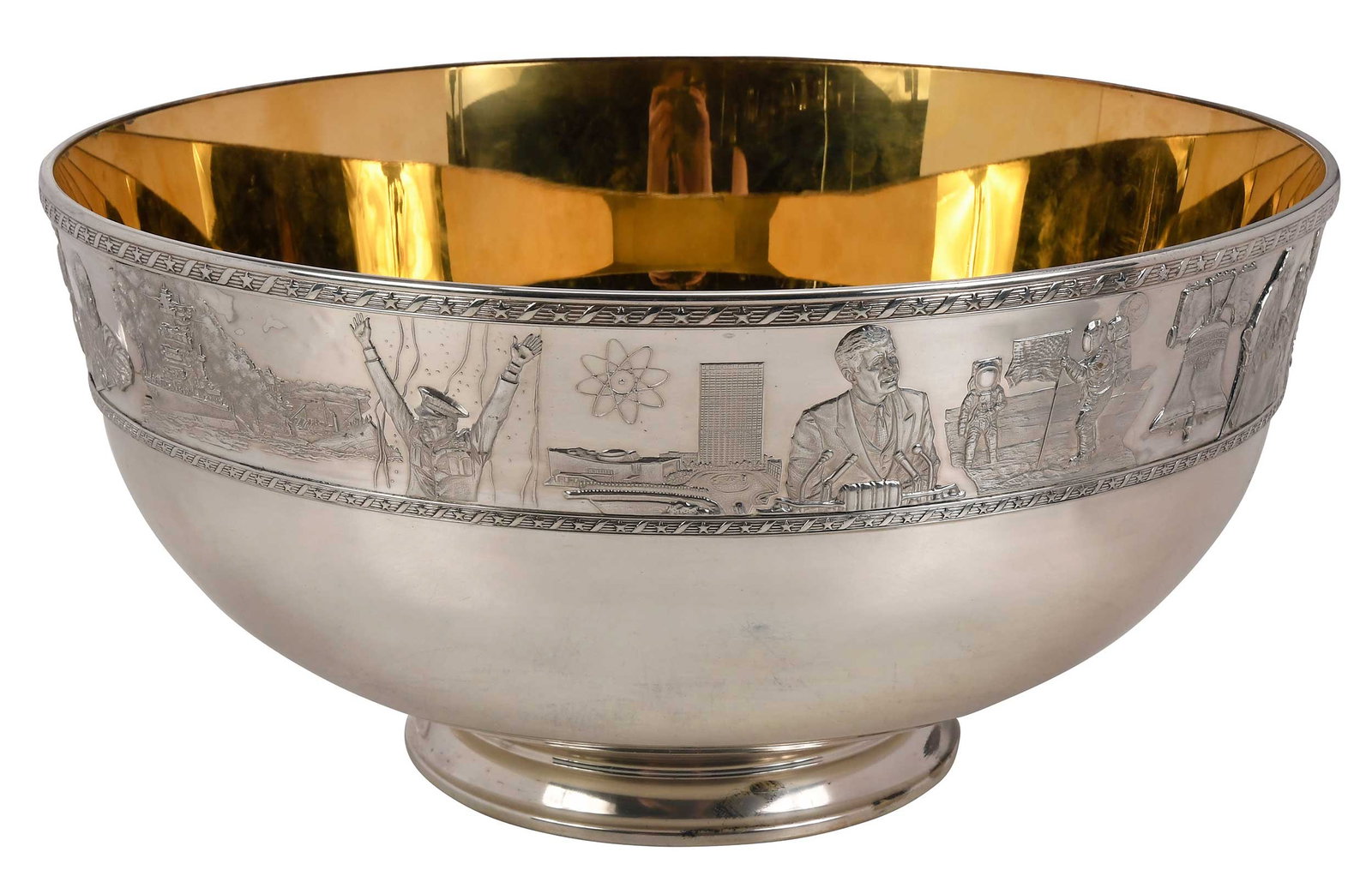 Franklin Mint Sterling Punch Bowl: American, 20th century, round with band of decoration with figures portraying events of history, base marked "THE/FRANKLIN MINT/BICENTENNIAL BOWL", "NUMBERED 345 OF 750/SOLID STERLING SILVER/LINED WIT