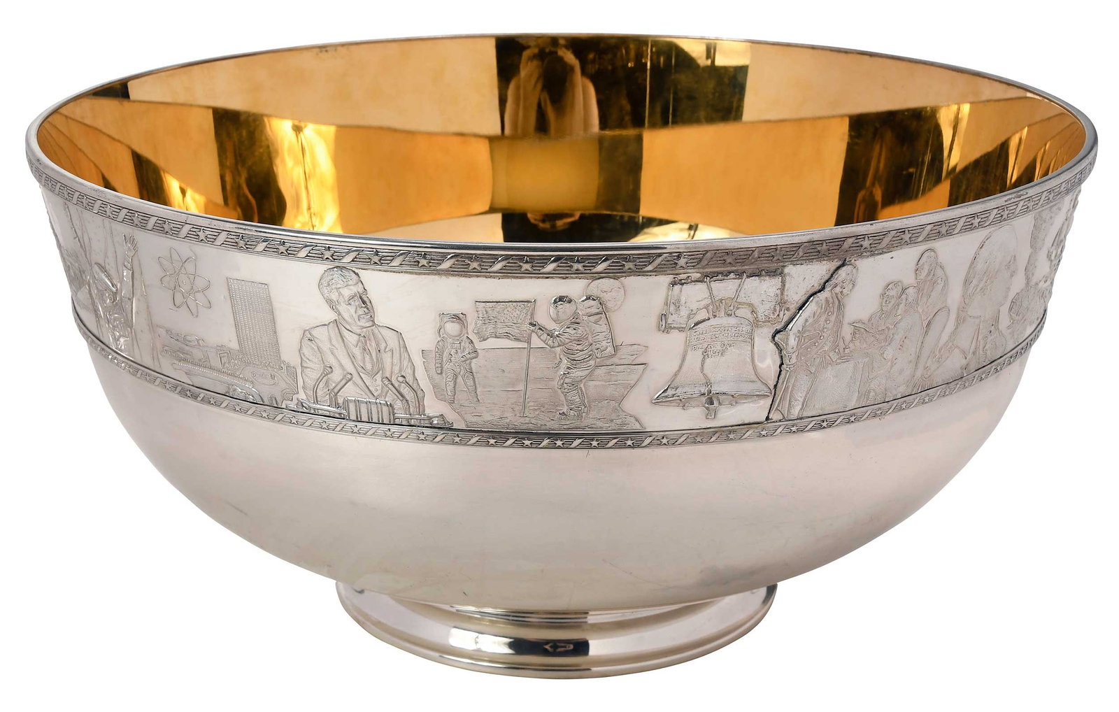 Franklin Mint Sterling Bicentennial Punch Bowls: American, 20th century, round with band of decoration with figures portraying events of history, base marked "THE/FRANKLIN MINT/BICENTENNIAL BOWL", "CRAFTD ESPECIALLY FOR/ANDREW J. EVELYN L. WALLA/POR