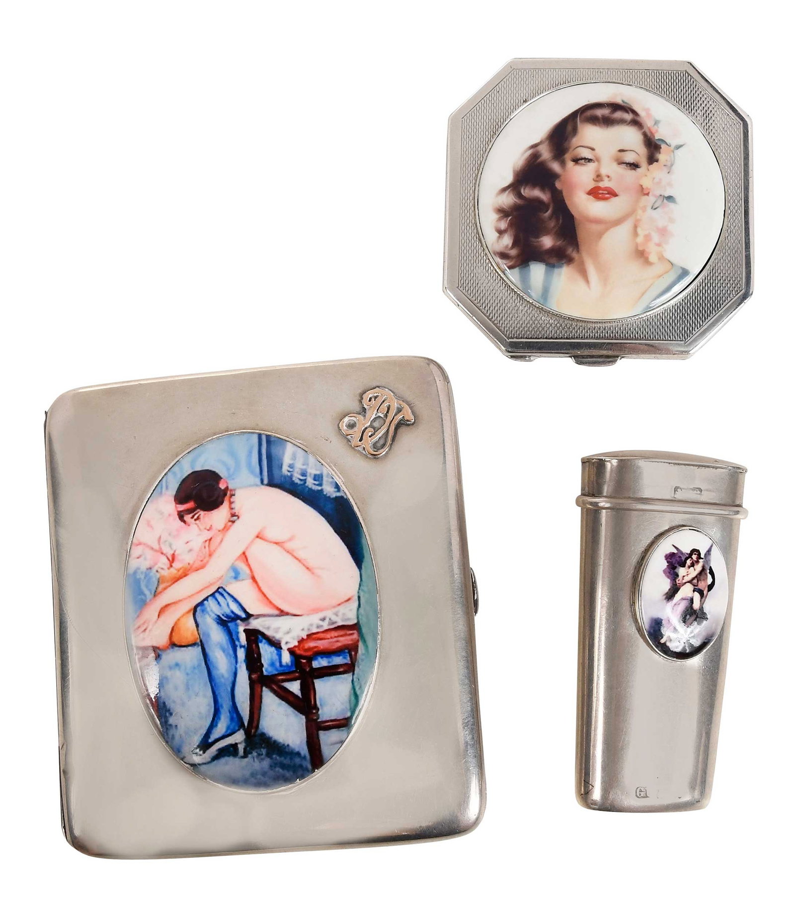 Three Silver Cases with Enamel Figures: including one German silver cigarette case with oval applied enamel nude and applied gold monogram, .800 fine; one English silver oval lidded case with applied enamel with winged figure, partial marks