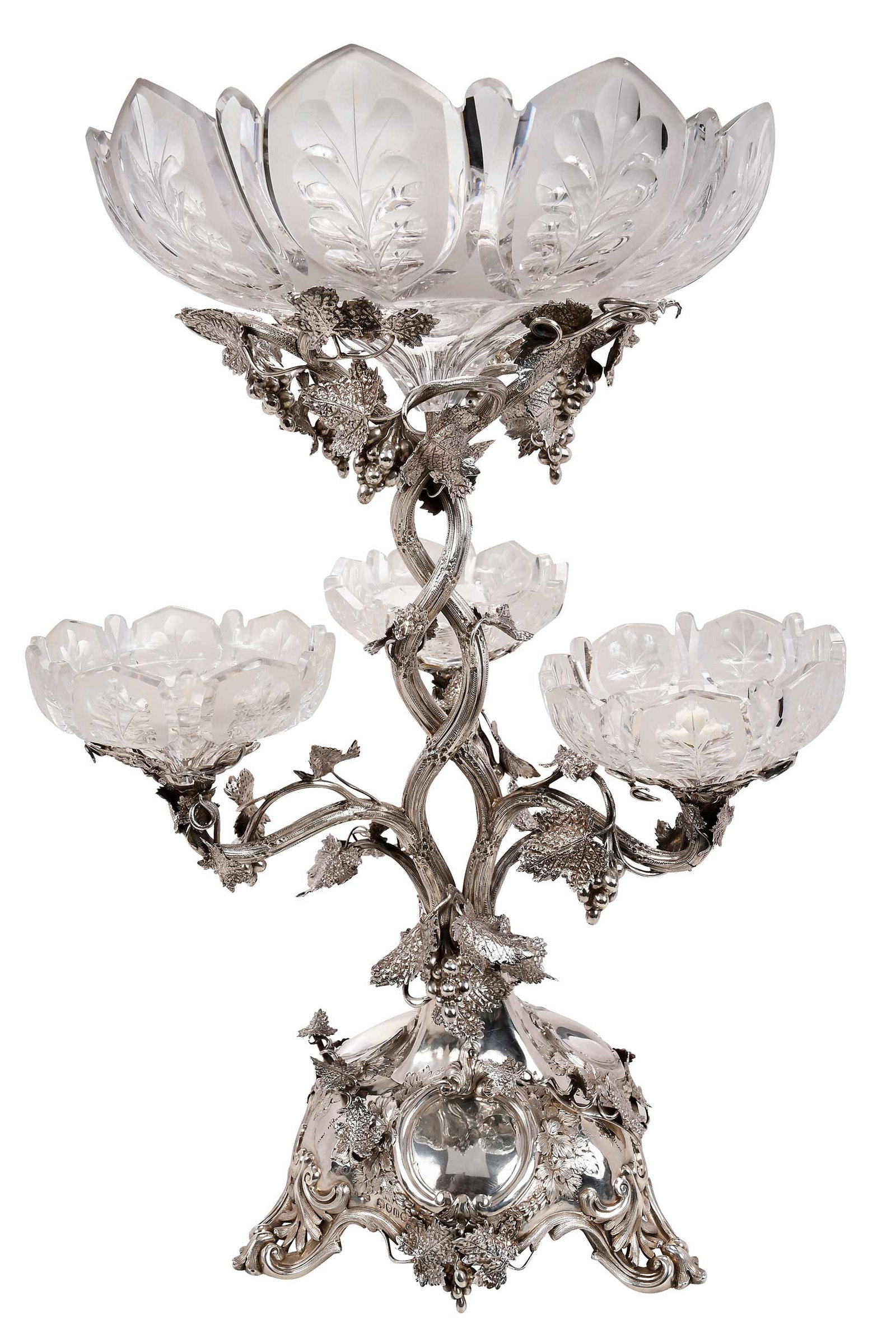 Victorian English Silver Epergne, Alexander Macrae: London, 1875, three arm, applied vine and grape decoration, scroll tri footed base, no monogram, marks for Alexander Macrae, .925 fine, three small and one large cut glass bowls, .61.64 oz. T. excludi