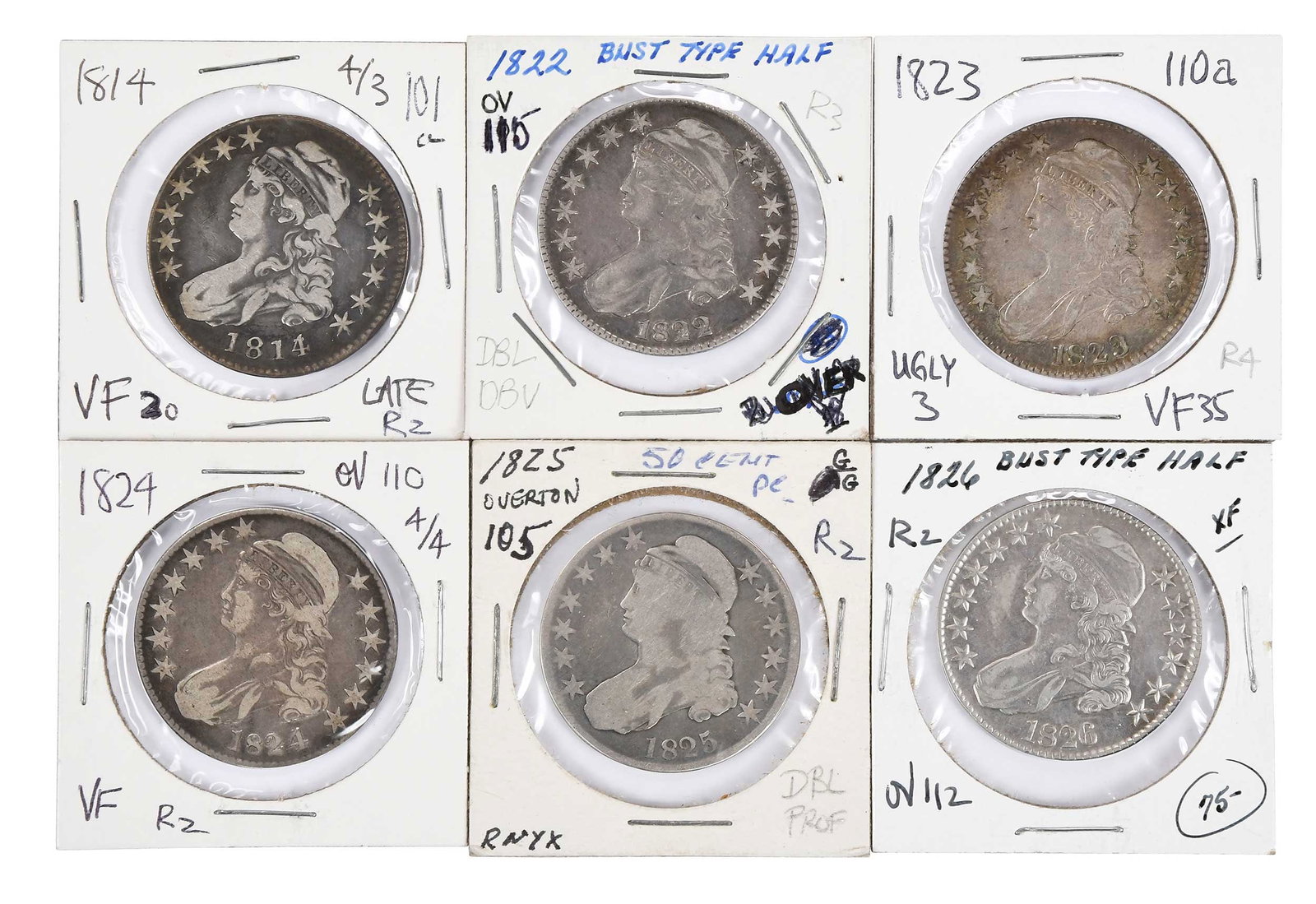 Group of Six Capped Bust Half Dollars: 1814/3 capped bust, Overton-101 late die state; 1822 capped bust, O-115; 1823 capped bust, O-110a; 1824 capped bust, O-110; 1825 capped bust, O-105; 1826 capped bust, O-112 Provenance: Dr. Harry Glenn