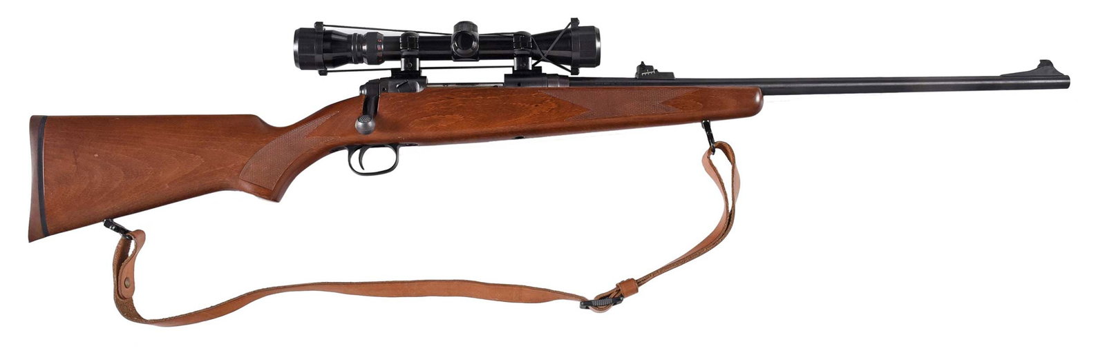 Savage Arms Model 10 Rifle: .243 Winchester caliber, SN F845184, single shot bolt action, 20-1/4 in. barrel, high blade front sight, adjustable rear sight, slide safety selector, Simmons scope, brown rubber butt pad, leather sli