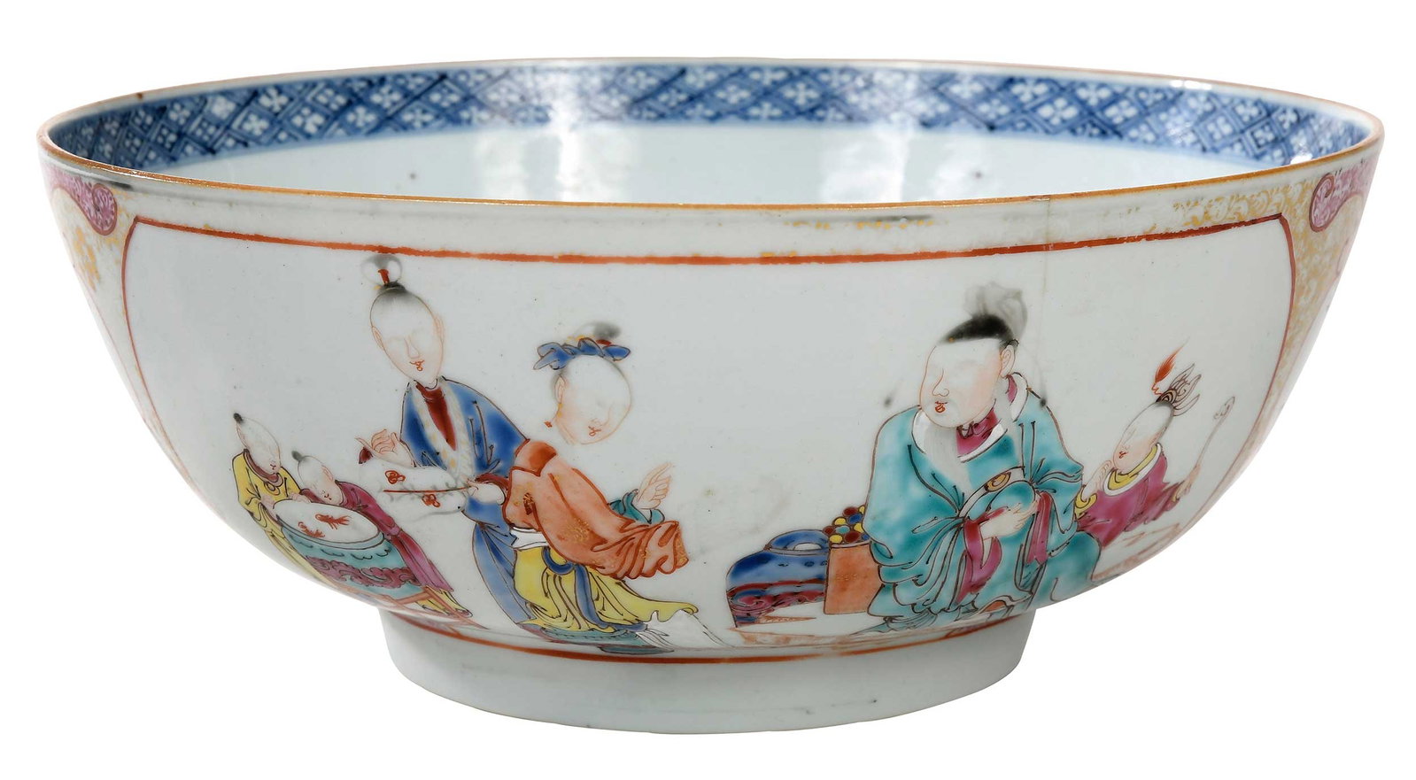 Chinese Export Porcelain Punch Bowl: large bowl with underglaze blue banding and enamel decoration of scholars, 4-1/4 x 10-1/4 in. Provenance: James A. Williams, Savannah, Georgia (with copy of receipt dated September, 1971); Private Col
