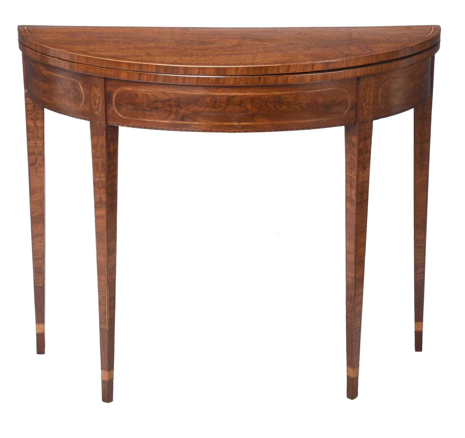 MESDA Documented Baltimore Federal Inlaid Mahogany Demilune Card Table: circa 1790-1810, foldover top with lightwood border, blocked frieze with acorn and oval inlay, bellflower inlaid tapered legs, gate leg support, 29-1/2 x 36 x 17-3/4 in. Illustrated: "Card Table", Mus