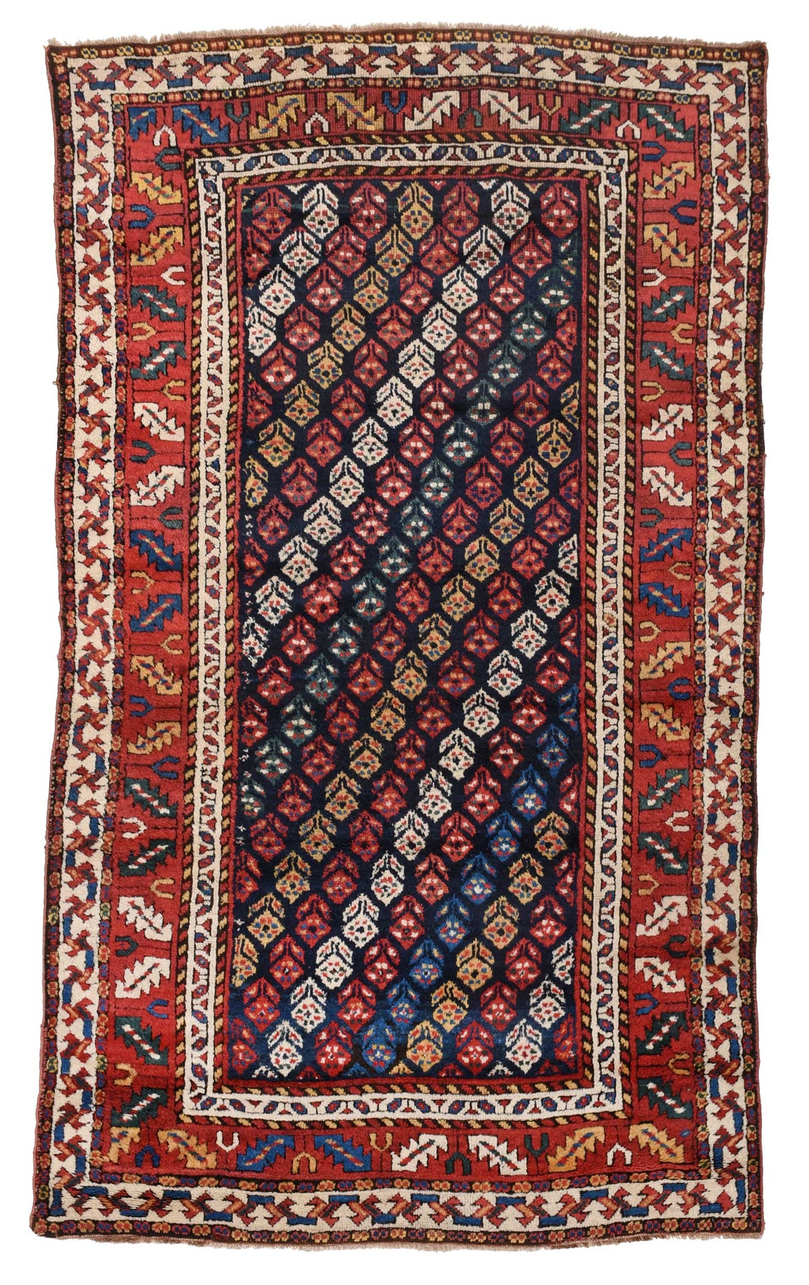 Lori Rug: mid 20th century, blue field with diagonal repeating rows of flowers, leaf and wine glass border, 3 ft. 10 in. x 6 ft. 5 in.