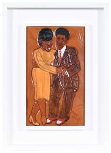 Winfred Rembert: (American/Georgia, 1945-2021) Provenance: By descent in the family of the artist's sister Winfred and Patsy's First Dance, signed lower right "Winfred Rembert", dye on carved and tooled leather, 15-1/