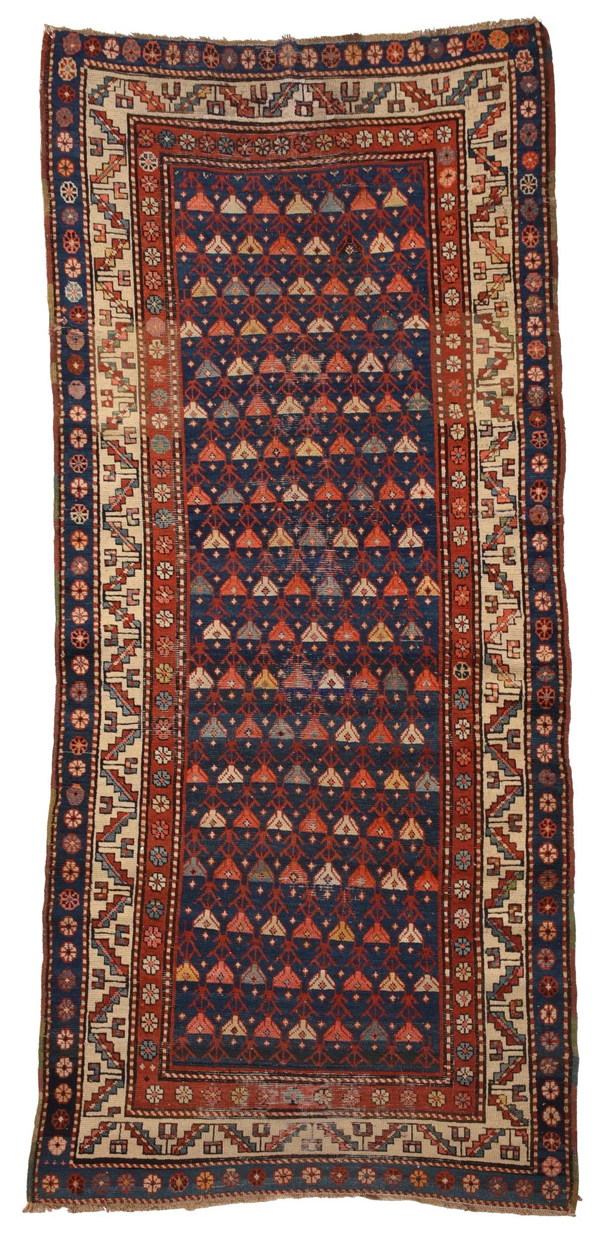 Kazak Runner: early 20th century, blue field with repeating floral pattern, white leaf and wine glass border, 7 ft. 10 in. x 3 ft. 4 in. Provenance: Private Collection, Brentwood, Tennessee