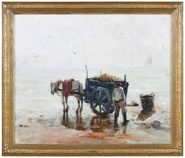 Anthony Thieme: (American, 1888-1954) Clam Digging, incised signature lower right "A. Thieme", oil on canvas, 25 x 30 in.; original Newcombe-Macklin carved giltwood and composition frame, stamped with artist's stamp,