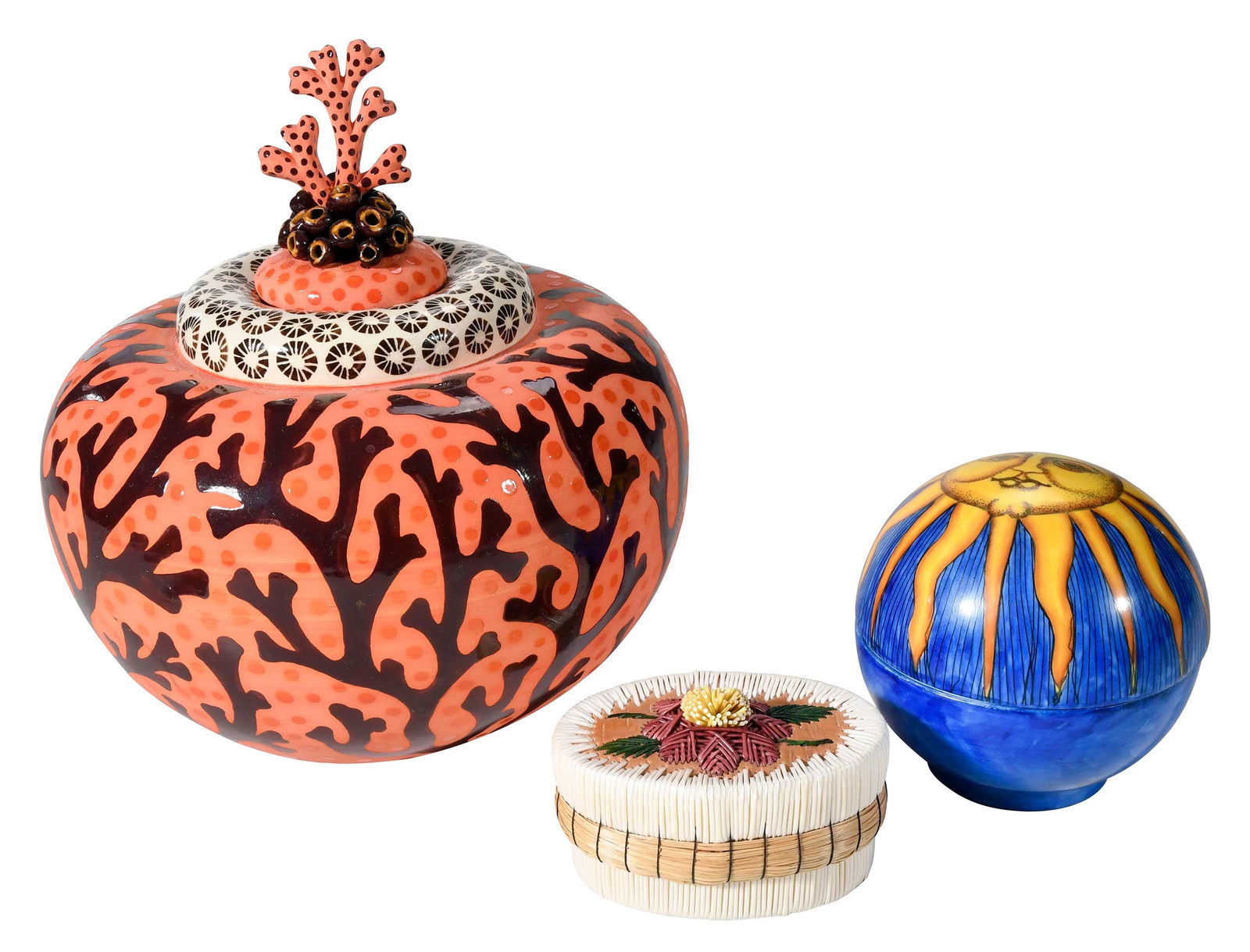 Three Modern Decorative Boxes: 20th/21st century, comprising: Brown Coral Jar, Glenda Taylor, white earthenware with enamel decoration, signed on base "G. Taylor", coral form finial on lid, 10 x 8-1/2 in.; porcelain blue lidded bow