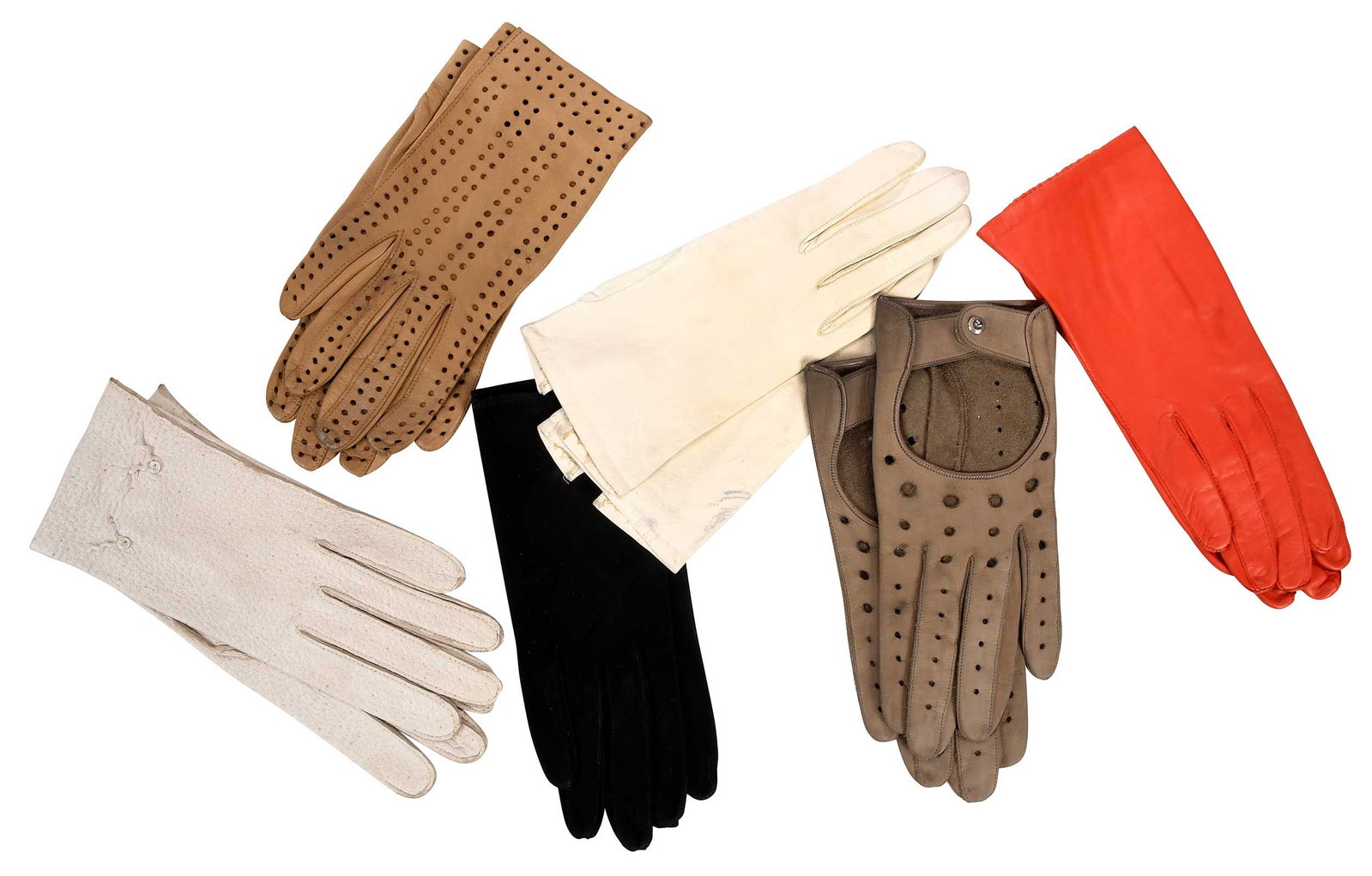 14 Pairs of Assorted Leather Ladies Gloves: 20th century, of various brands, styles, colors, and materials, including doe skin, all similar sizes, some marked for sizes 6-1/4 and 6-1/2 Provenance: Property from the John B. Schorsch Collection