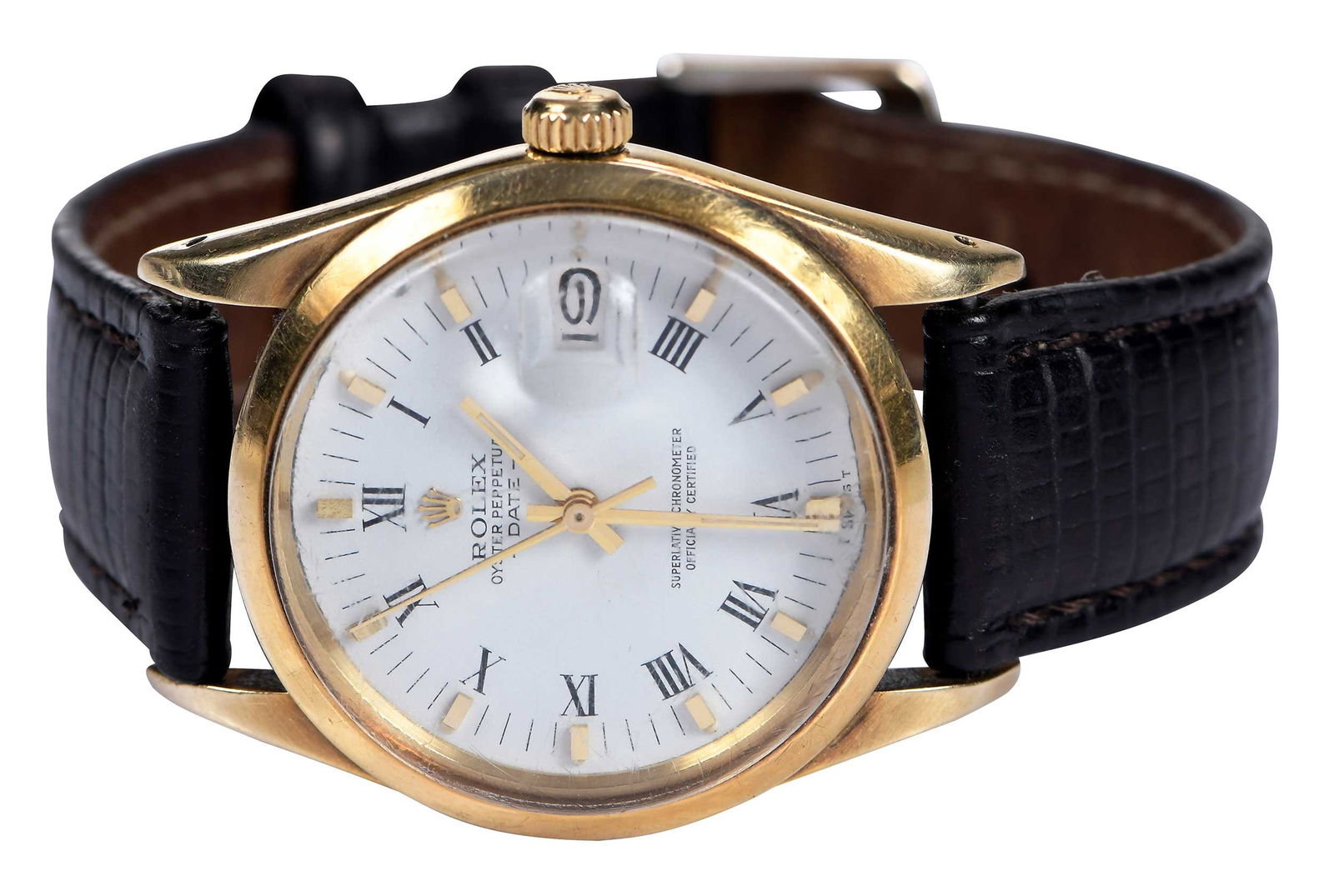 14kt. Rolex Oyster Perpetual Date, White Face: 33.5mm case, white dial, black Roman numerals and applied gold tone notches, stamped inside back case "MONTRES ROLEX S.A.,GENEVA SWITZERLAND, PATENTED 14K 585 15000", 14kt. yellow gold, Hadley - Roma