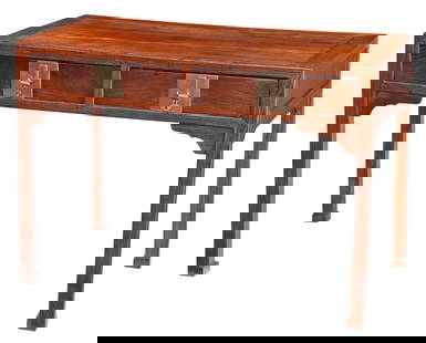 Chinese Paktong Mounted Huanghuali Console Table: late 19th/early 20th century, plank top, two frieze drawers with Paktong nickel copper alloy pulls, square legs, club feet, 31-1/2 x 46 x 23 in. Provenance: Price and Elaine Rogers Collection, now pro
