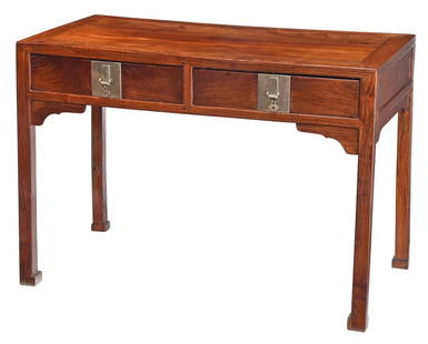 Chinese Paktong Mounted Huanghuali Console Table: late 19th/early 20th century, plank top, two frieze drawers with Paktong nickel copper alloy pulls, square legs, club feet, 31-1/2 x 46 x 23 in. Provenance: Price and Elaine Rogers Collection, now