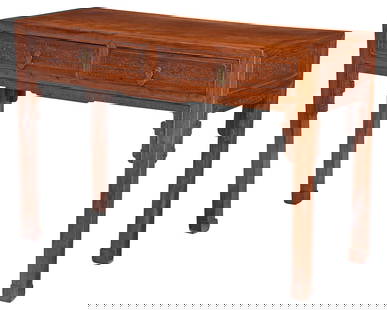 Chinese Carved Huanghuali Console Table: 19th century, plank top, relief carved decoration, two frieze drawers, carved apron, hoof feet, painted with accession number 99.186, 33 x 47-1/2 x 19-3/4 in. Provenance: Price and Elaine Rogers Colle