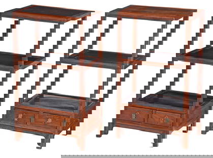 Pair of Chinese Huanghuali Diminutive Etageres: 19th century, inset top and shelves, base fitted with two small drawers, shaped skirt, 23-3/4 x 13-3/4 x 8-3/4 in. Provenance: Price and Elaine Rogers Collection, now property of the Virginia Museum o