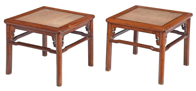 Pair of Chinese Carved Huanghuali Stools: likely 18th century, possibly earlier, woven seat, scrolled brackets, shaped stretchers, through tenon construction, Rogers collection label with additional provenance, both painted with accession