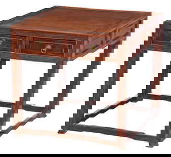 Chinese Huanghuali Square Side Table: 19th century, plank top, two paneled long drawers, shaped stretchers, sloped feet, 20-1/2 x 21-1/2 x 21-1/2 in. Provenance: Price and Elaine Rogers Collection, now property of the Virginia Museum of F