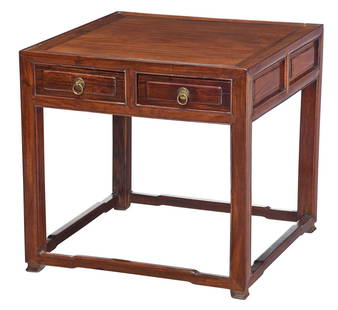 Chinese Huanghuali Square Side Table: 19th century, plank top, two paneled long drawers, shaped stretchers, sloped feet, 20-1/2 x 21-1/2 x 21-1/2 in.Provenance: Price and Elaine Rogers Collection, now property of the Virginia Museum of