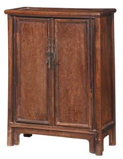 Chinese Hardwood Diminutive Cabinet: late 19th century, paneled doors, cylindrical stiles and legs, shelved interior, shaped skirt, 20-3/4 x 15-1/2 x 6-1/4 in.Provenance: Alice L. Patrick, Charleston, South Carolina