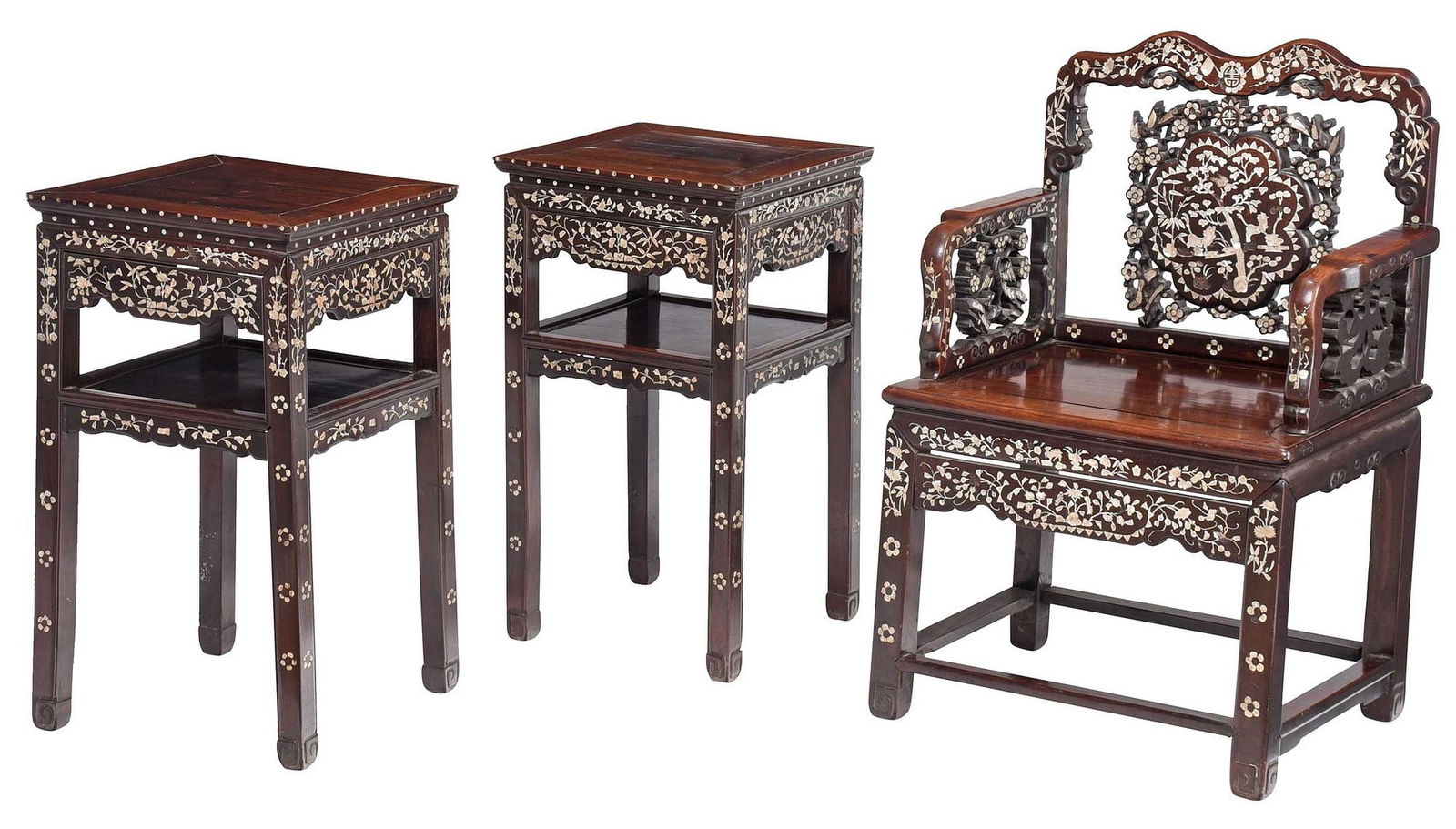 Chinese Export Mother of Pearl Inlaid Hardwood Three Piece Suite (1 of 15)