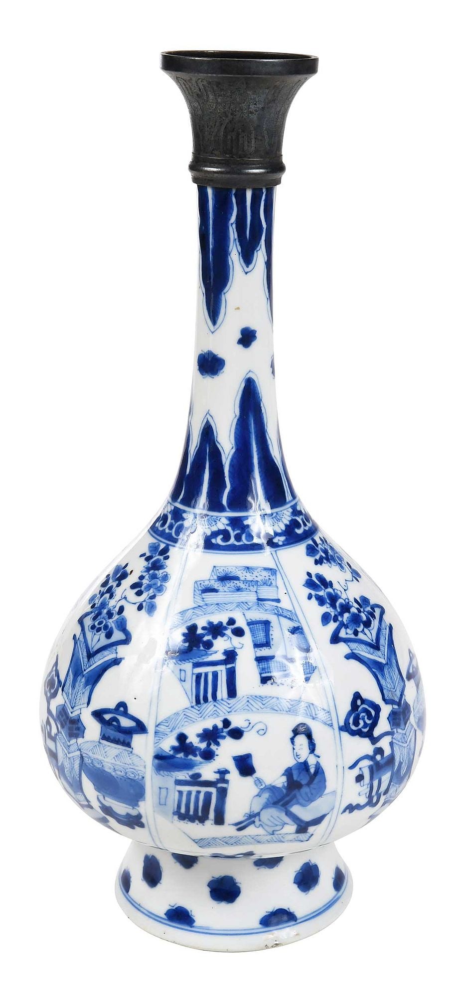 Chinese Blue and White Porcelain Vase: possibly Kangxi period, in alternating underglaze blue panels of decorative objects and seated figure, tapered neck leading to fluted metal mouth, 11-3/8 x 5-1/8 in. Provenance: From the Estate of Ang