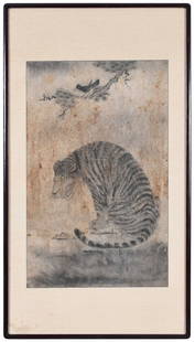 Framed Asian Ink on Paper Tiger Painting: Chinese/Korean, possibly late 18th/19th century, seated tiger below a branch with a bird, ink and pigment on paper, image 24 x 15; wood frame, 35-1/2 x 19-3/4 in. Provenance: Private Collection, Winst