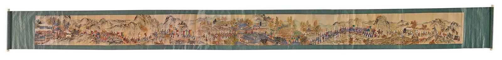 Long Asian Ink and Color Scroll Painting: Chinese/Korean, 19th century, depicting a long processional train through a mountainous landscape, ink and pigment on paper, mounted on paper backing with green brocade lining, celluloid scroll mounts
