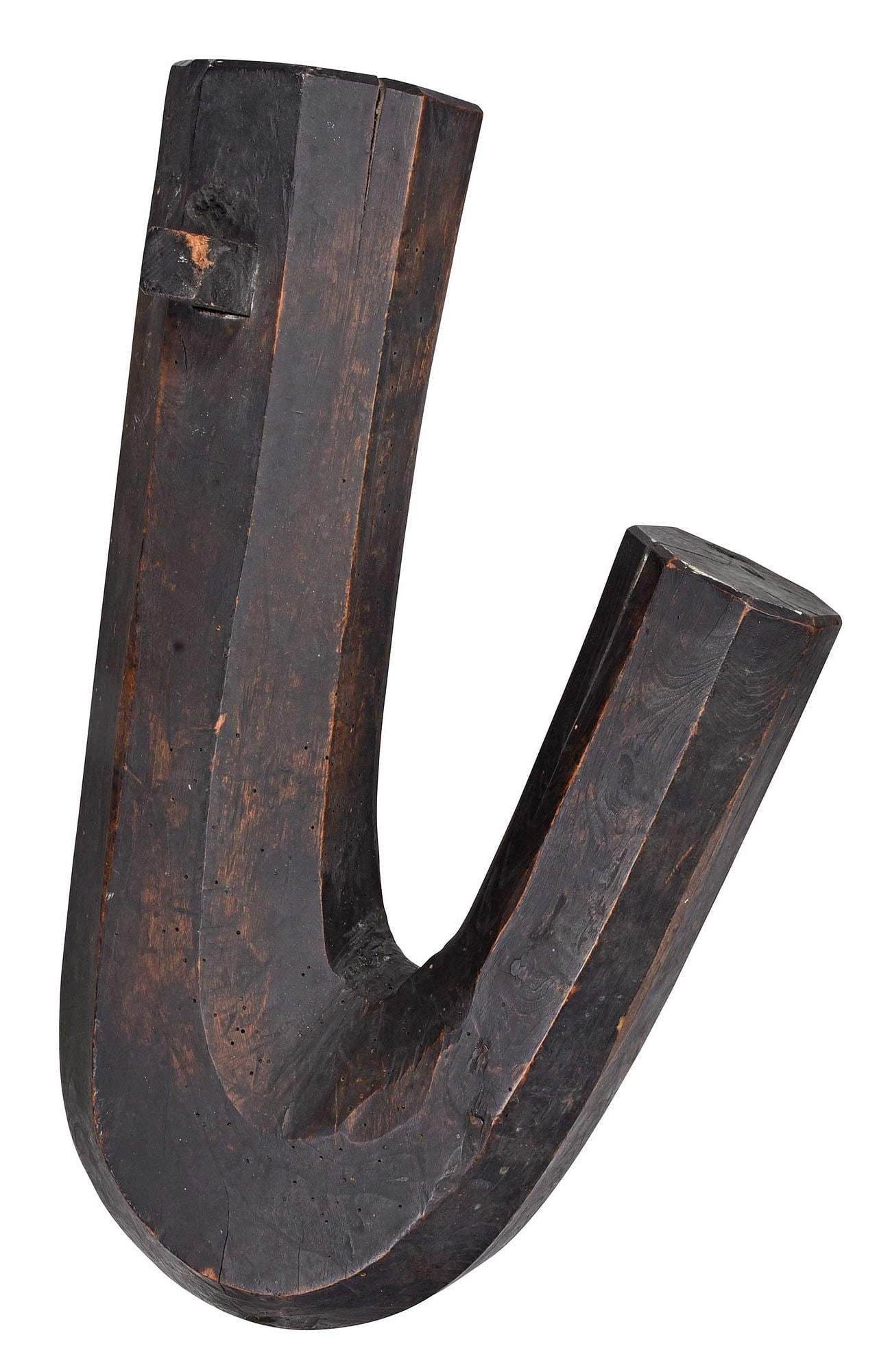 Japanese Carved Wood Jizai Kagi: 19th century, dark stained carved and faceted kettle hook, through tenon bar support at neck, approximately 21-1/2 x 14 x 9 in. Provenance: Private Collection, Charleston, South Carolina