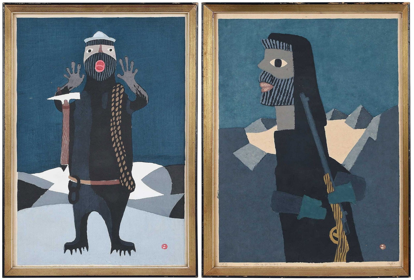 Umetaro Azechi: (Japanese, 1902-1999) Two woodblock prints: Cry on the Mountain, 41/50; Hunter and Rifle, 16/50; signed "U. Azechi" and dated "55" and "59" lower margin, 18-3/8 x 12-3/4 in. and 19 x 14 in.; framed, i