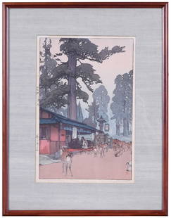 Hiroshi Yoshida: (Japanese, 1876-1950)Way to Kasuga Shrine, signed "Hiroshi Yoshida" and titled in pencil in lower margin, jizuri seal upper left margin, woodblock print, 15-7/8 x 10-3/4 in.; framed, 22-3/8 x 17-3/8