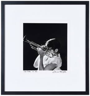 Herman Leonard: (American, 1923-2010) Chet Baker, New York, 1956, signed, titled, and dated in ink margin recto, gelatin silver print, 14 x 11 in.; black finished wood frame; 20 x 19 in. Provenance: Jackson Fine Art